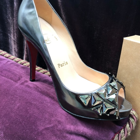 Louboutin Pewter Peep-Toe Studded Pumps - Picture 8 of 8